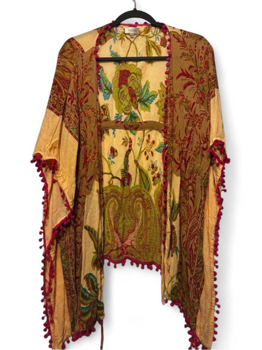 Amazing vintage boho kimono in a dark creamy yellow, green red floral paisley OS